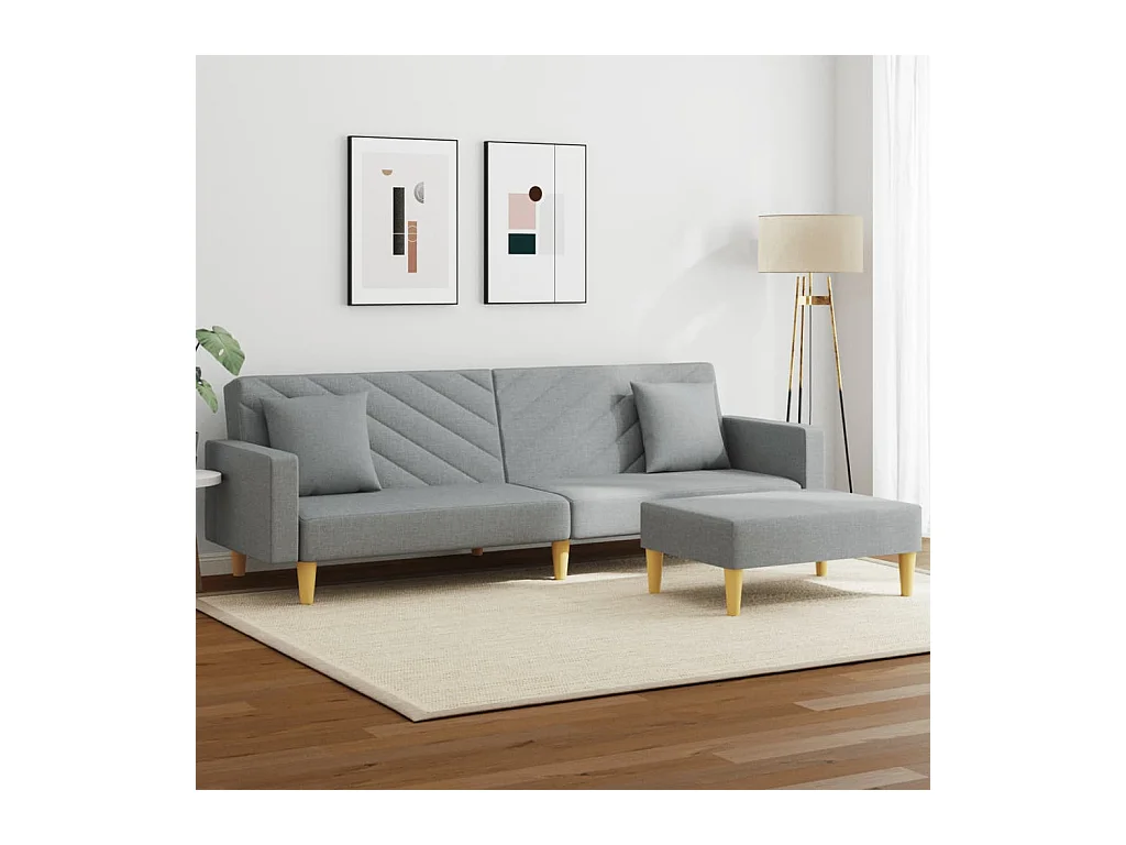2-zits slaapbank met kussens en voetenbank in lichtgrijs