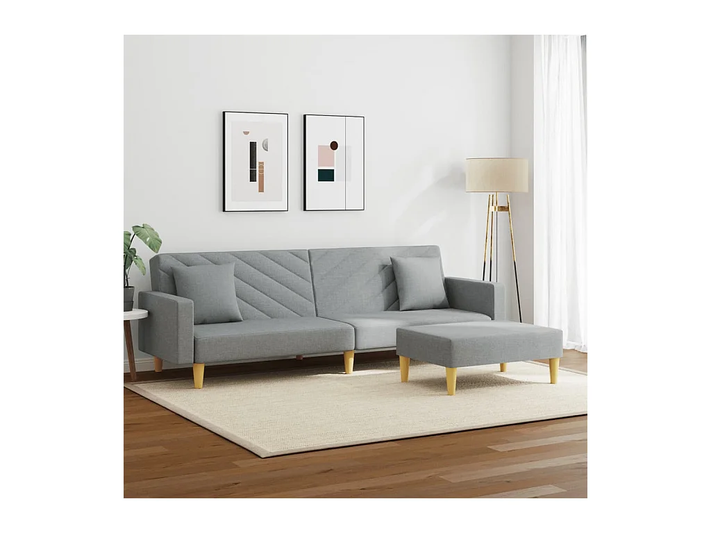 2-zits slaapbank met kussens en voetenbank in lichtgrijs