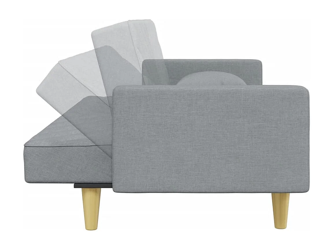 Sofá cama de 2 plazas con almohadas y reposapiés en gris claro