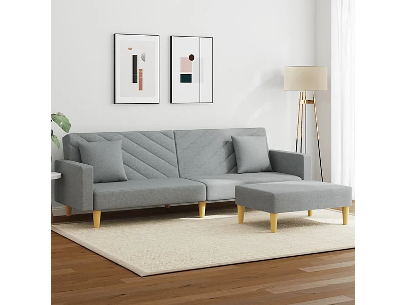 2-Sitzer-Schlafsofa mit Kissen und Fußhocker in Hellgrau