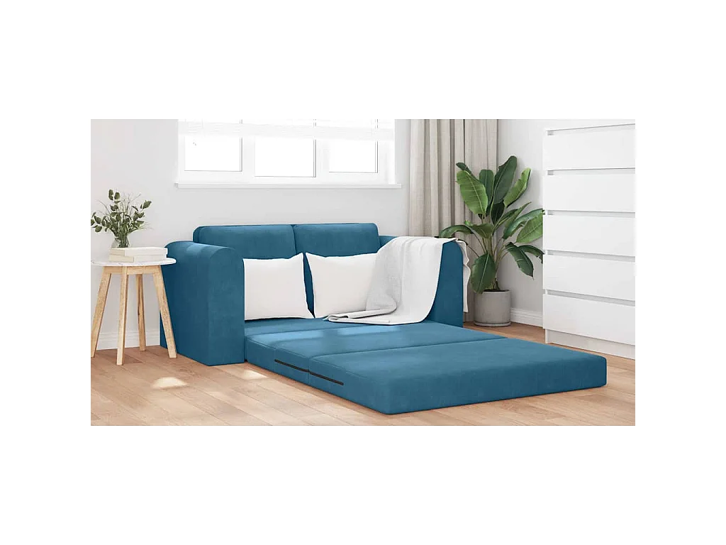 Canapé convertible 2 places en velours bleu 148x71x83 cm
