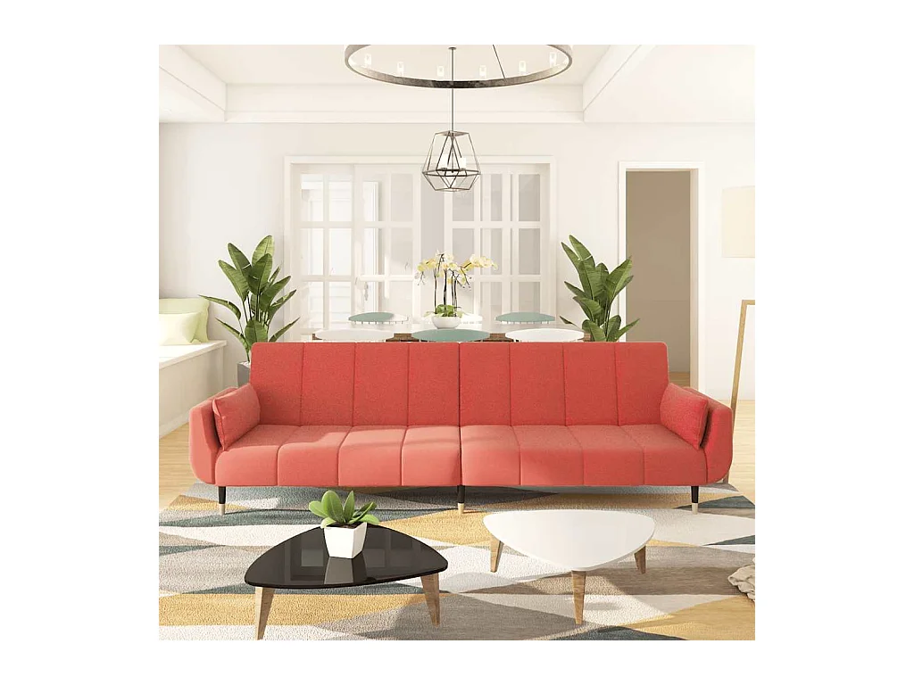 Divano letto a 2 posti con due cuscini in velluto rosa