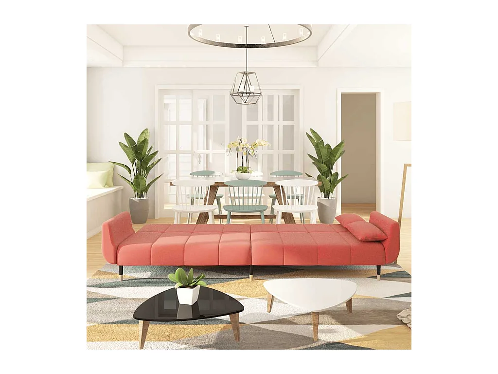 Divano letto a 2 posti con due cuscini in velluto rosa