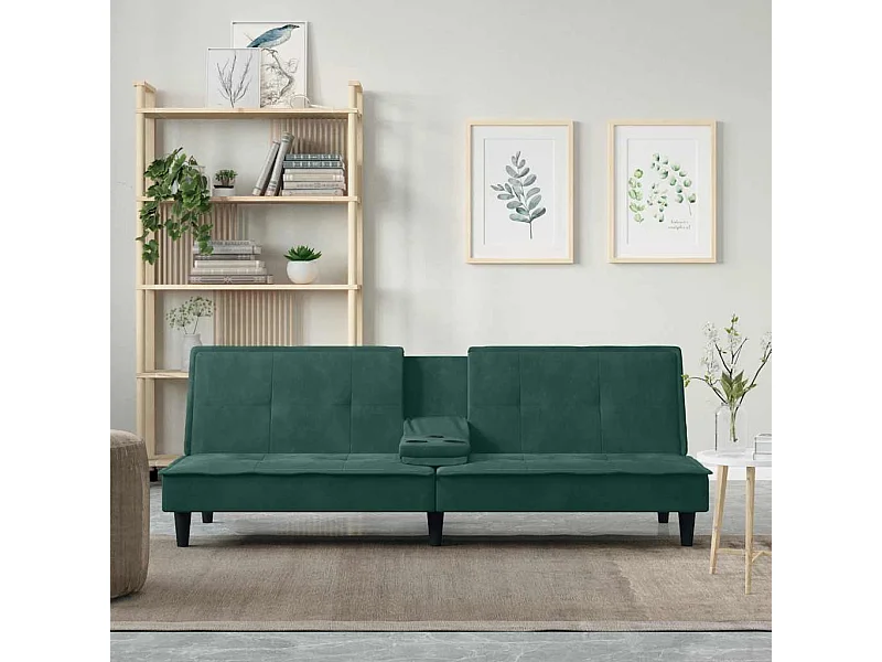 Divano letto in velluto verde scuro con portabicchieri