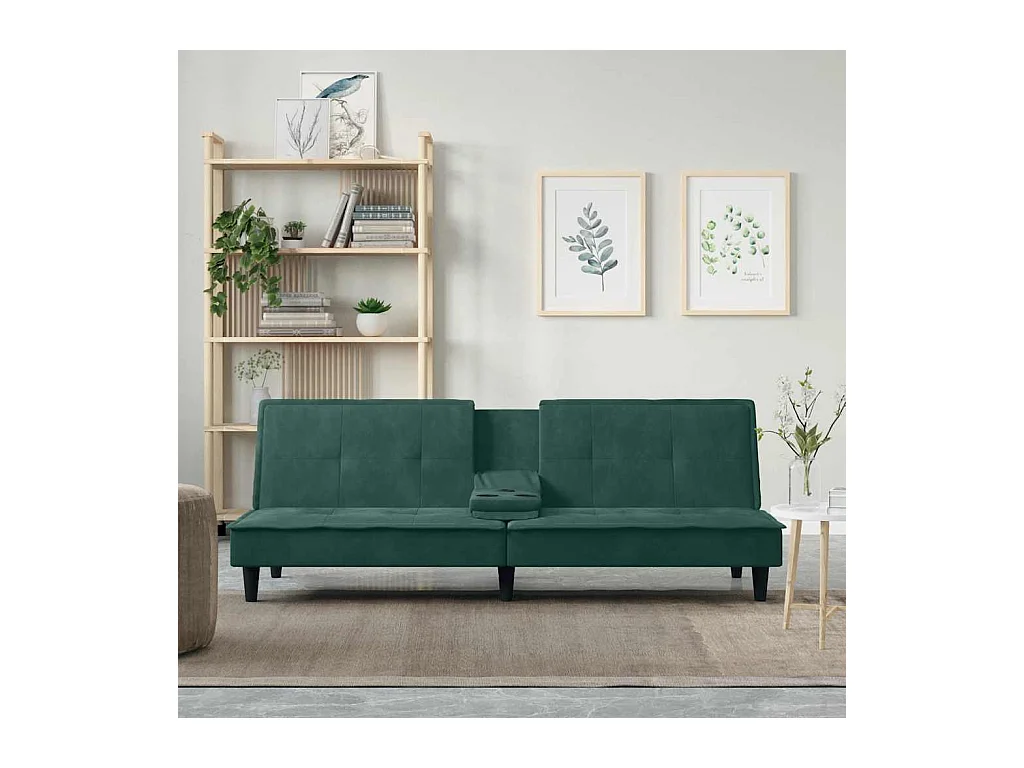 Divano letto in velluto verde scuro con portabicchieri