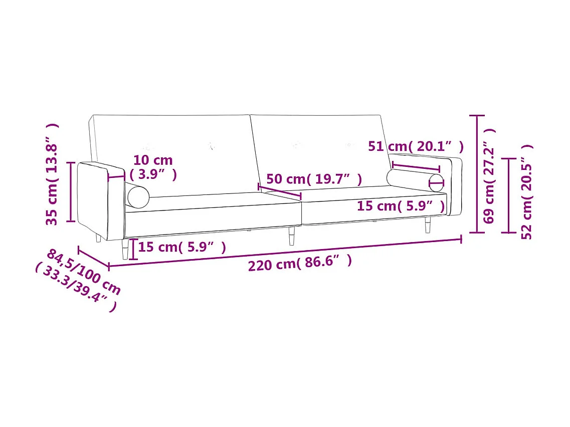 Sofá cama de 2 plazas con dos almohadas Terciopelo Negro