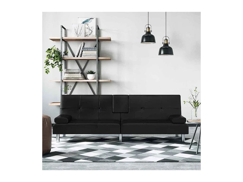 Zwarte kunstleren slaapbank met bekerhouders