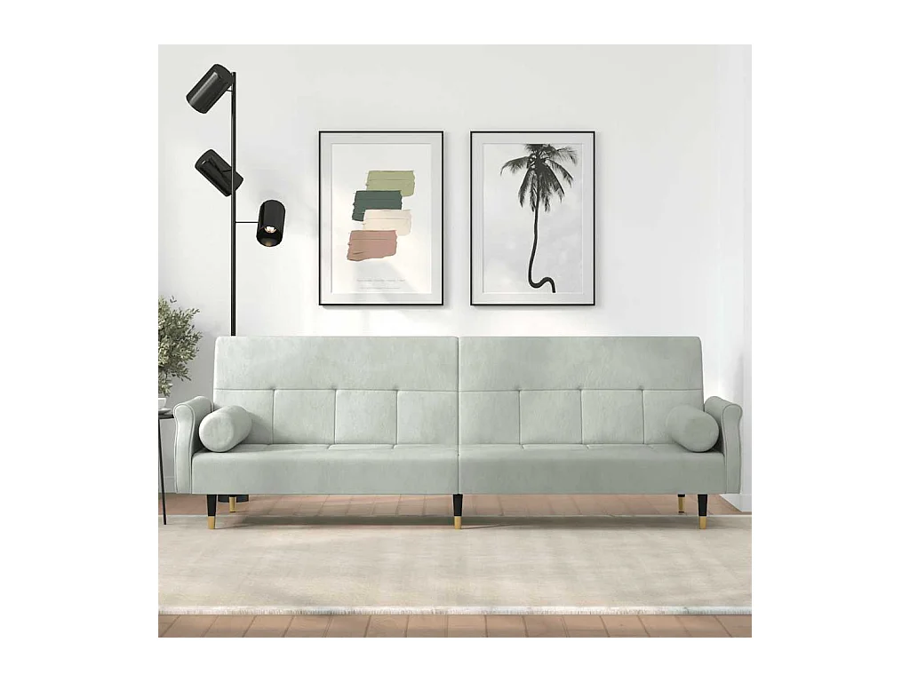 Sofá cama con cojines de terciopelo gris claro