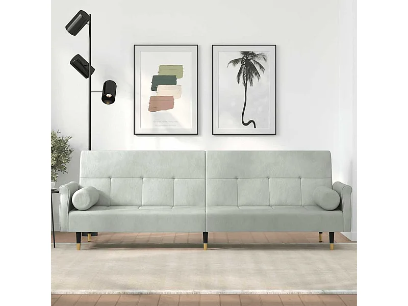 Divano letto con cuscini in velluto grigio chiaro