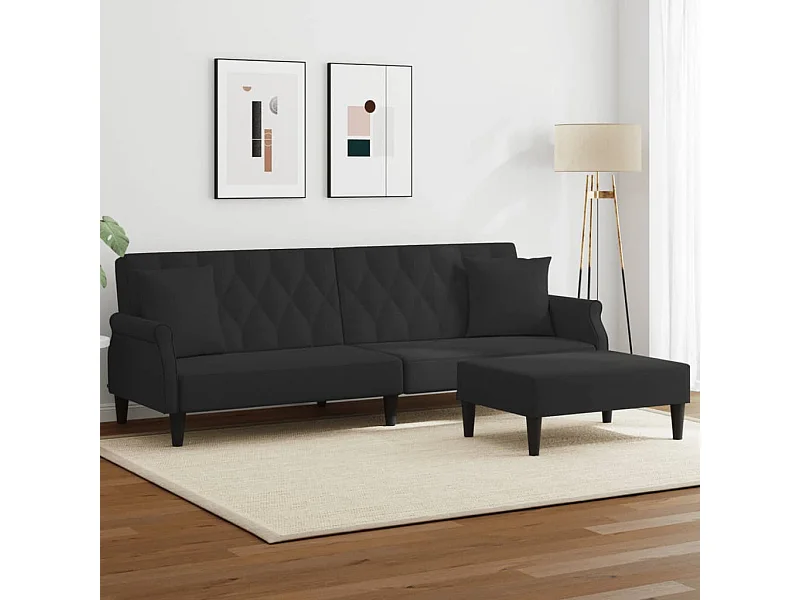 Sofá cama de 2 plazas con almohadas y reposapiés en terciopelo negro