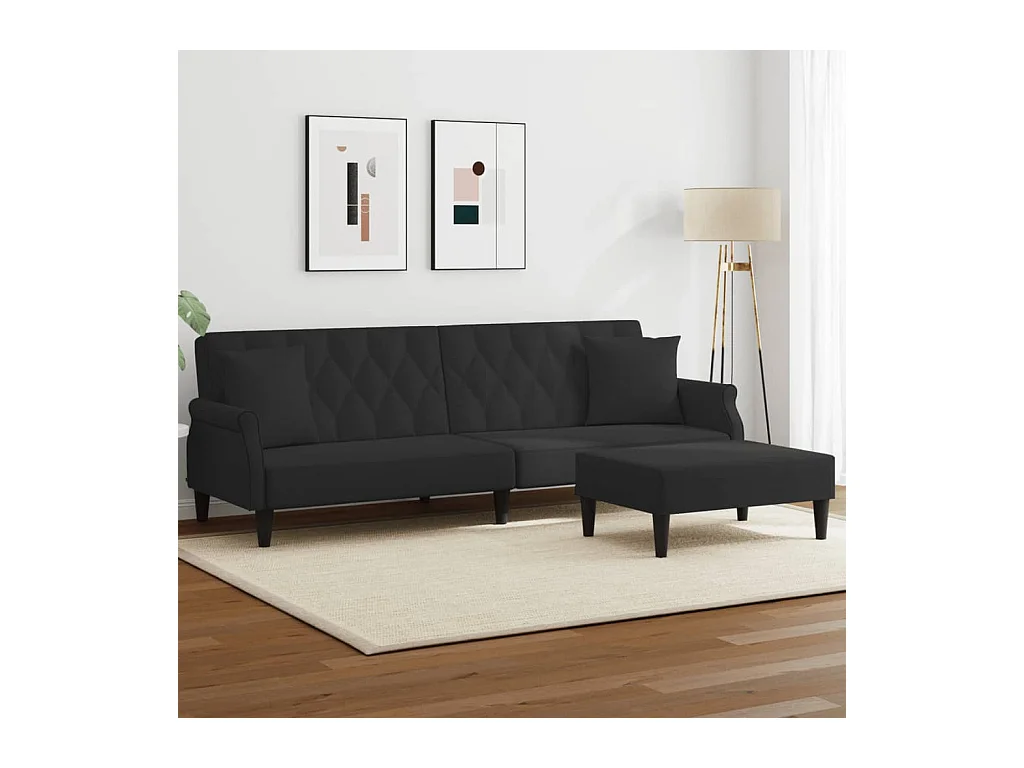 2-zits slaapbank met kussens en voetenbank in zwart fluweel