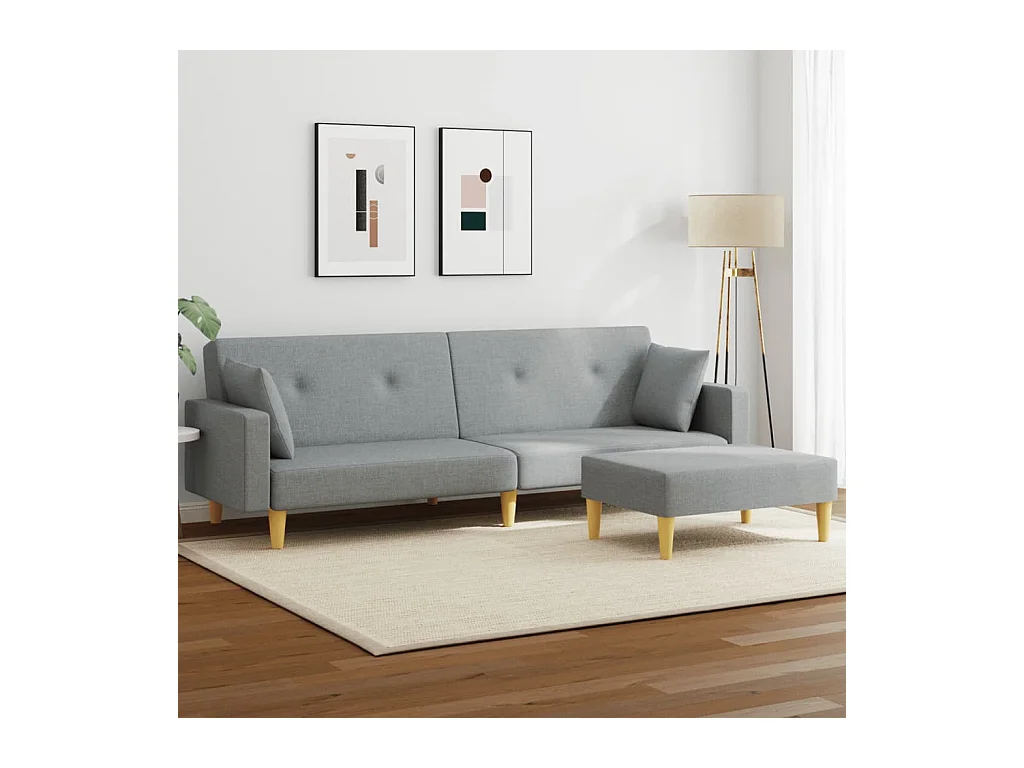 2-zits slaapbank met voetenbank in lichtgrijze stof
