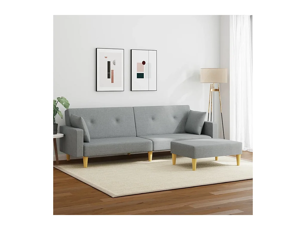 2-zits slaapbank met voetenbank in lichtgrijze stof