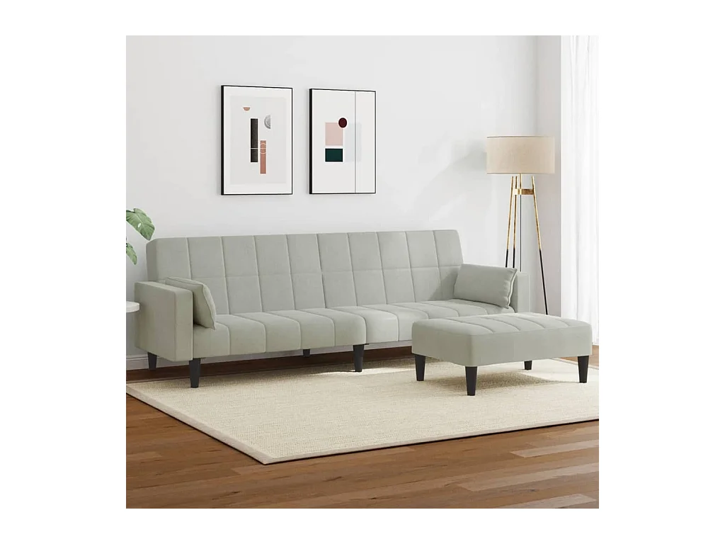 Divano letto a 2 posti con poggiapiedi in velluto grigio chiaro