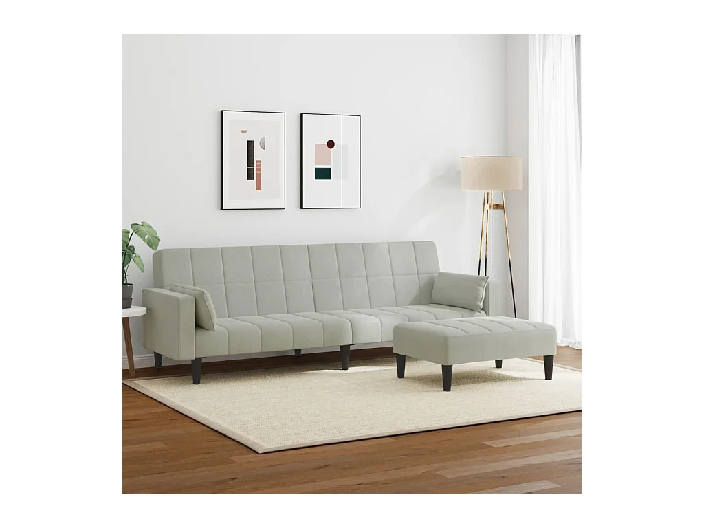 Divano letto a 2 posti con poggiapiedi in velluto grigio chiaro