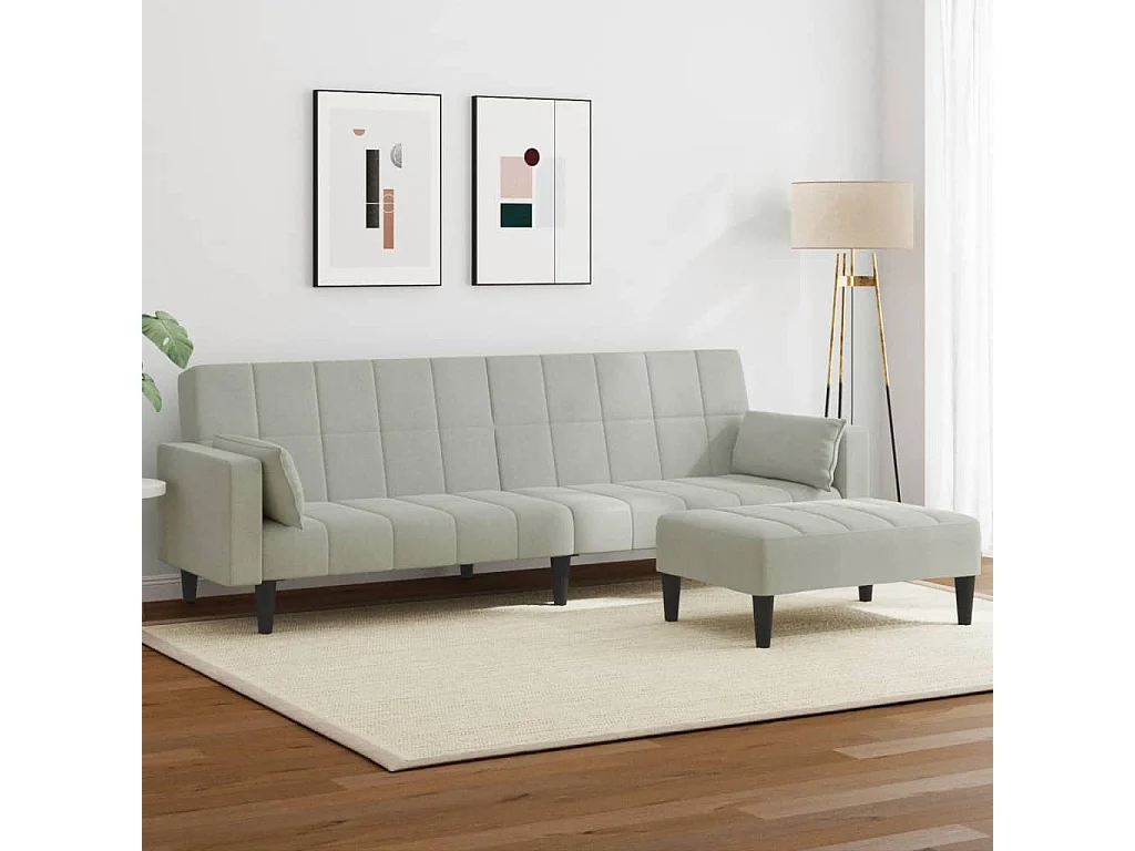 Canapé-lit à 2 places avec repose-pied gris clair velours