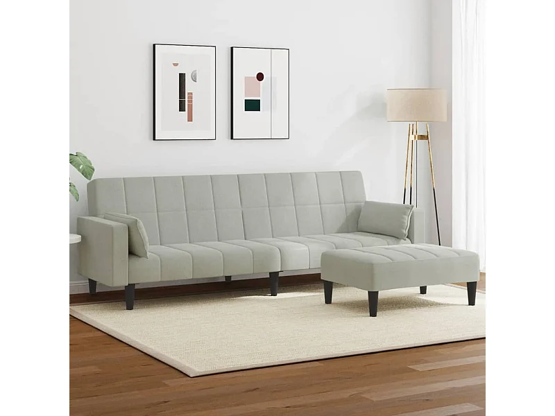Canapé-lit à 2 places avec repose-pied gris clair velours