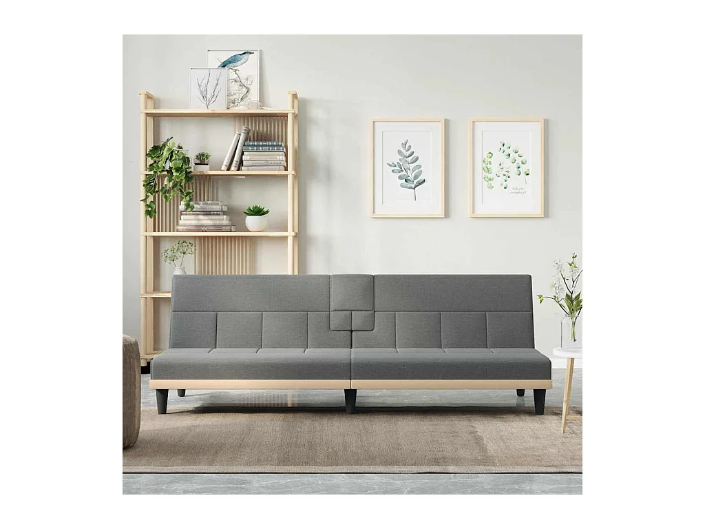 Sofá cama de tela gris oscuro con portavasos