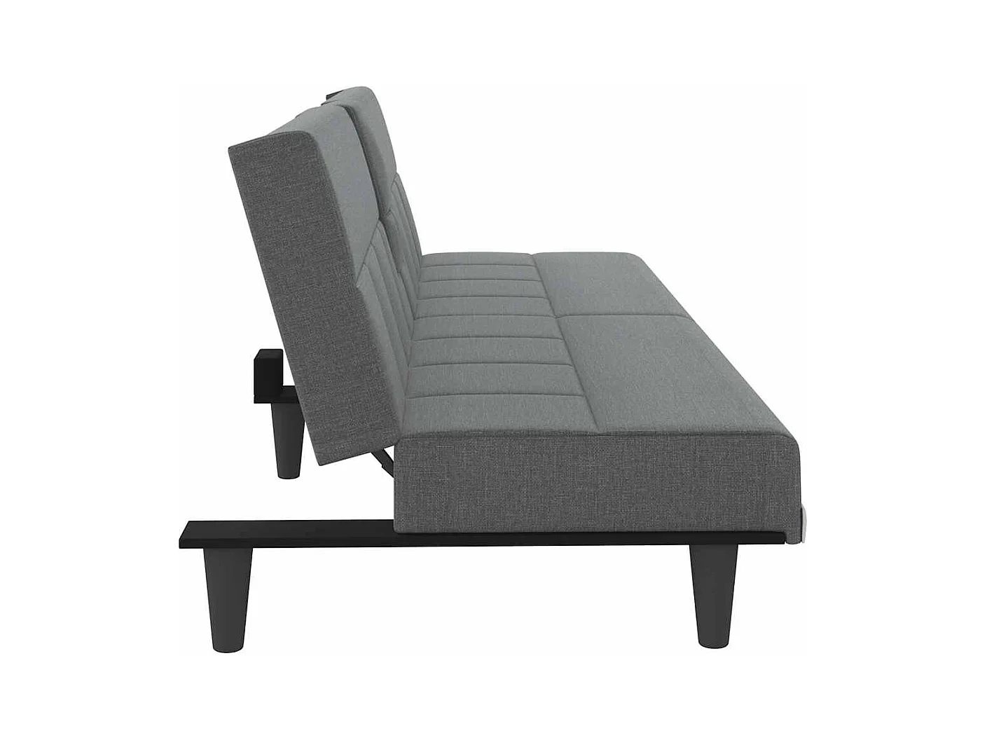 Sofá cama de tela gris oscuro con portavasos