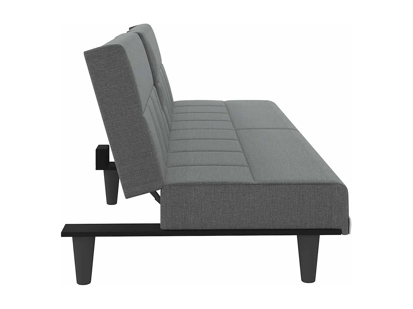 Sofá cama de tela gris oscuro con portavasos