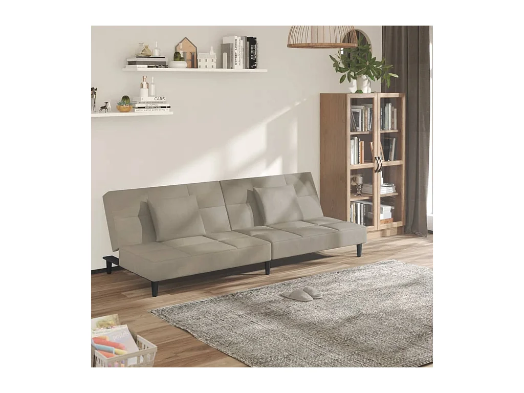 2-Sitzer-Schlafsofa mit zwei Kissen, hellgrauer Samt