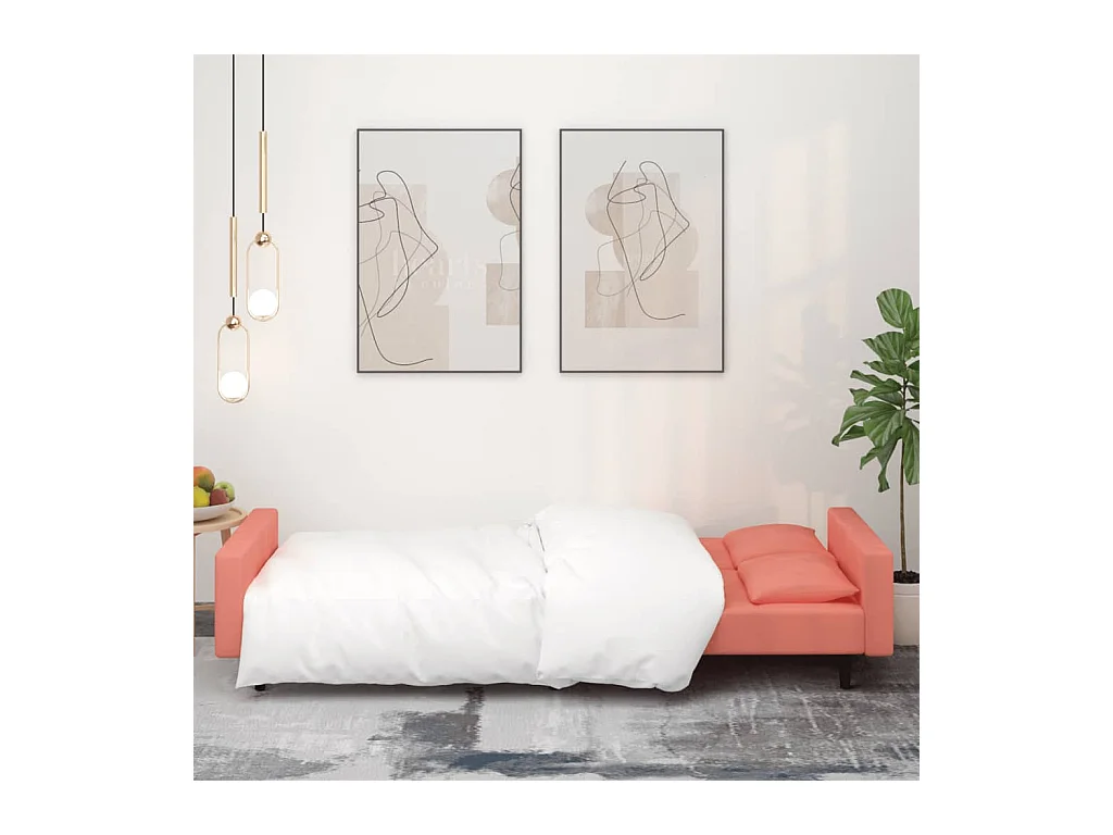 Divano letto a 2 posti con due cuscini in velluto rosa