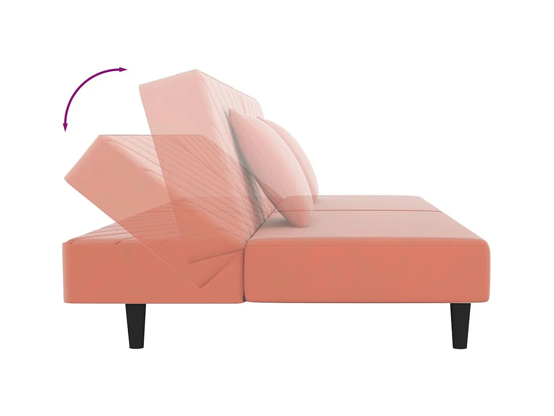 Divano letto a 2 posti con due cuscini in velluto rosa