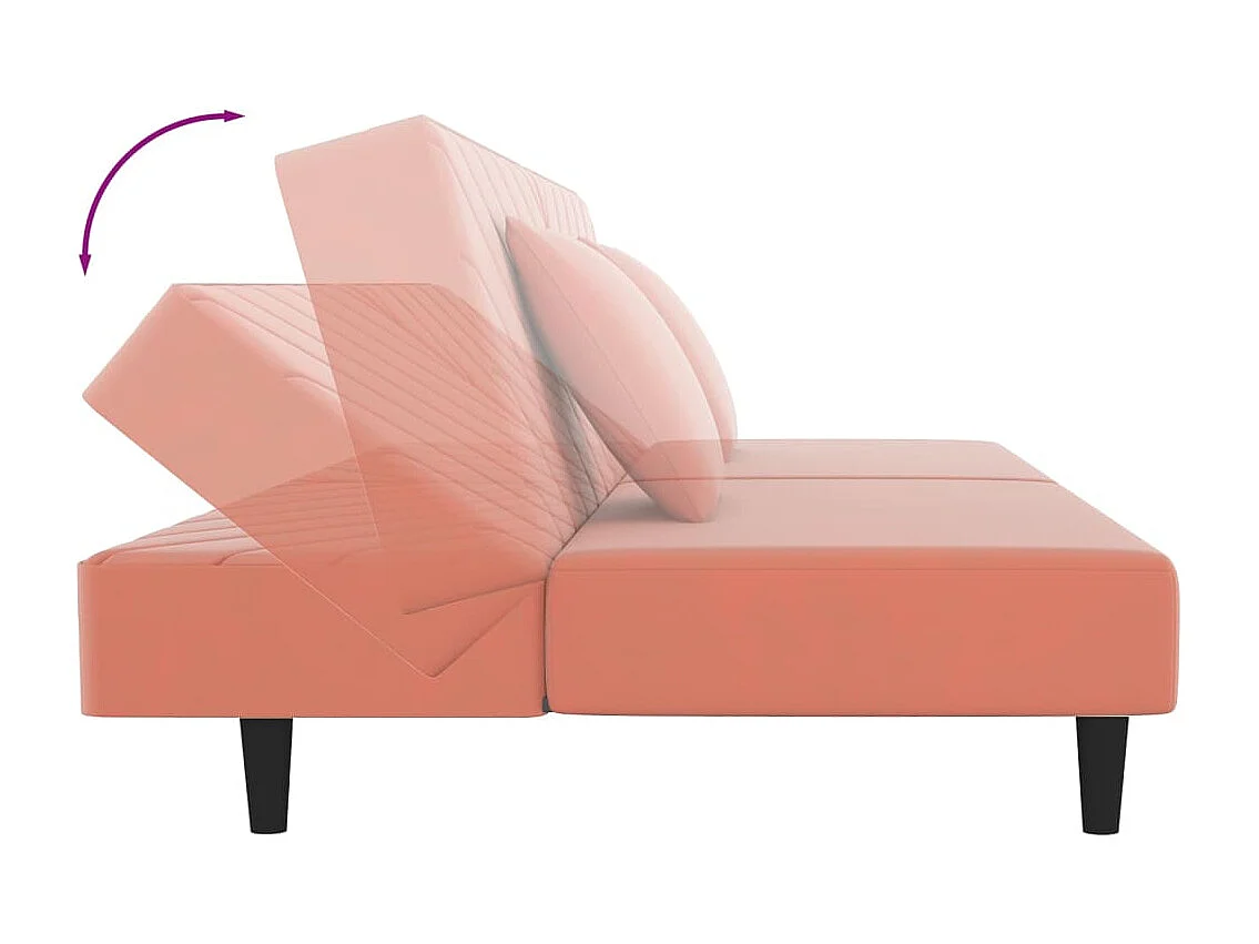 Sofá cama de 2 plazas con dos almohadas en terciopelo rosa