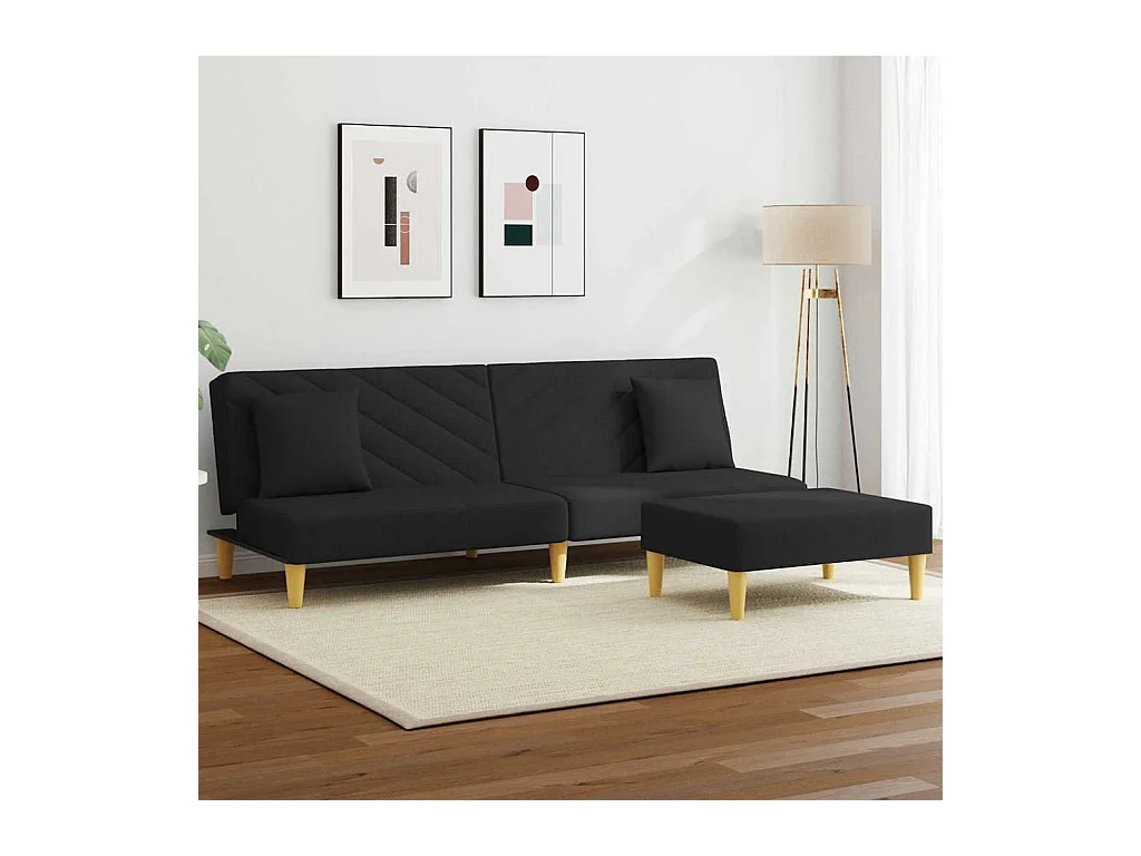 Sofá cama de 2 plazas con almohadas y reposapiés en tela negra