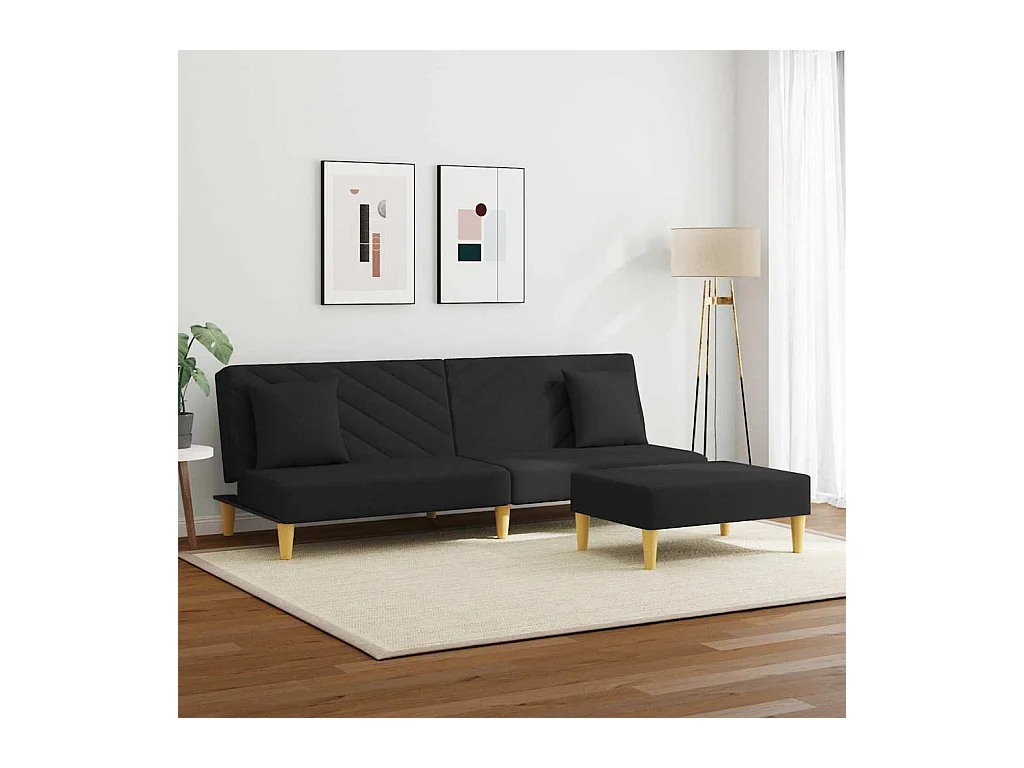 Sofá cama de 2 plazas con almohadas y reposapiés en tela negra