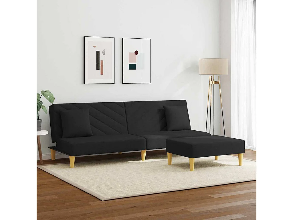 Sofá cama de 2 plazas con almohadas y reposapiés en tela negra