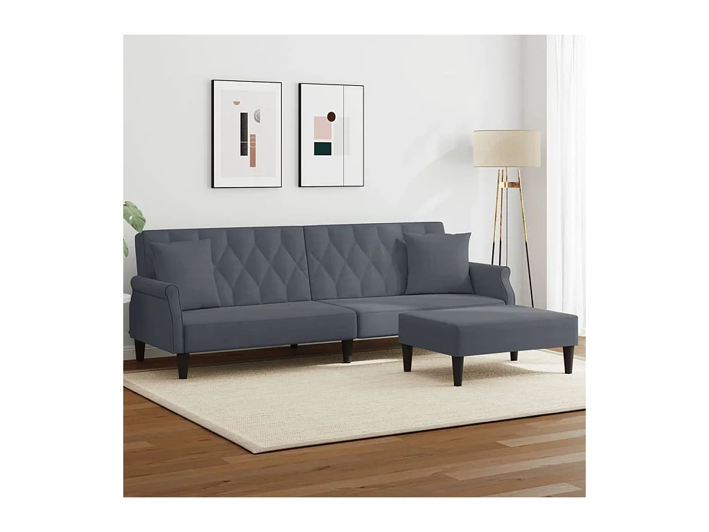 2-zits slaapbank met kussens en voetenbank in donkergrijs