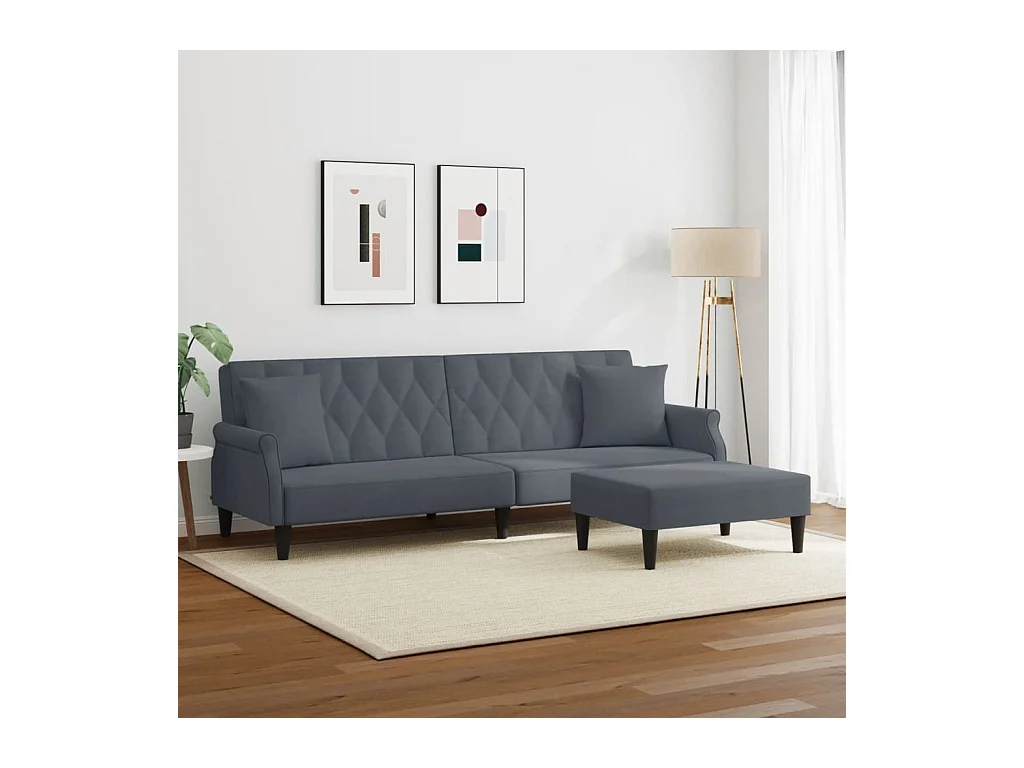 2-zits slaapbank met kussens en voetenbank in donkergrijs