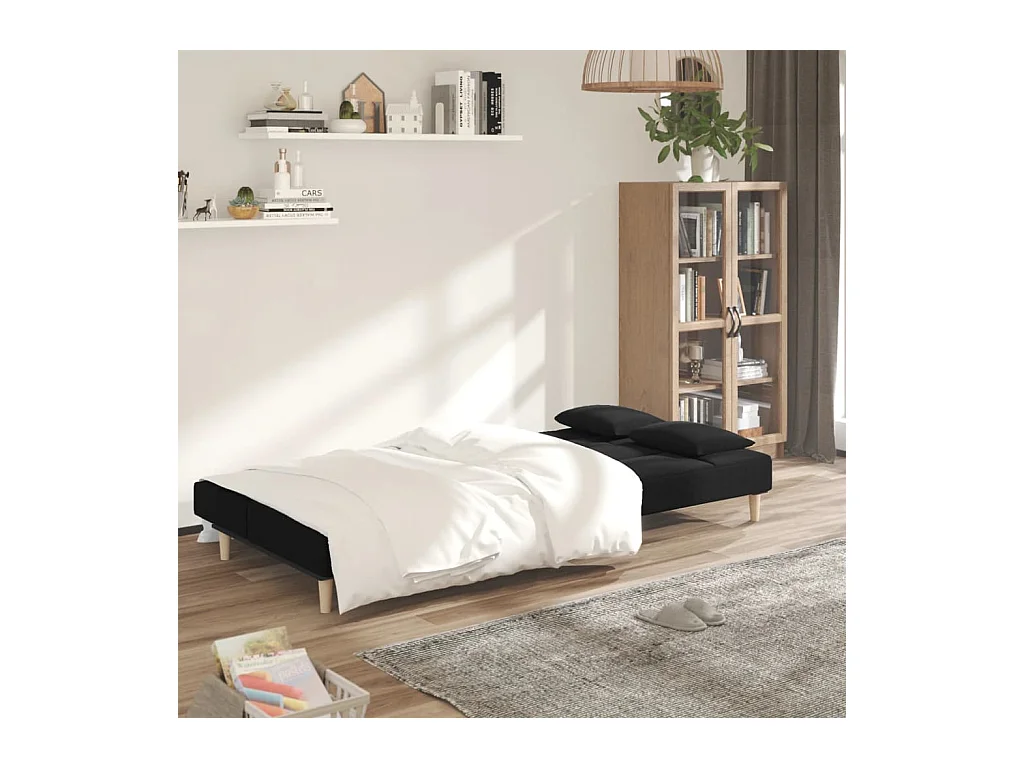 Sofá cama de 2 plazas con dos almohadas de tela negra