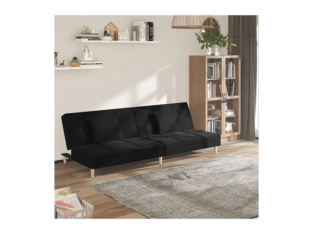 2-zits slaapbank met twee zwarte stoffen kussens