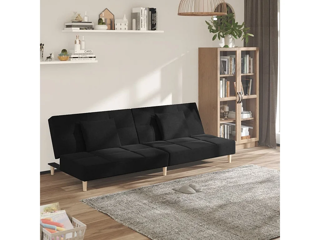 Sofá cama de 2 plazas con dos almohadas de tela negra