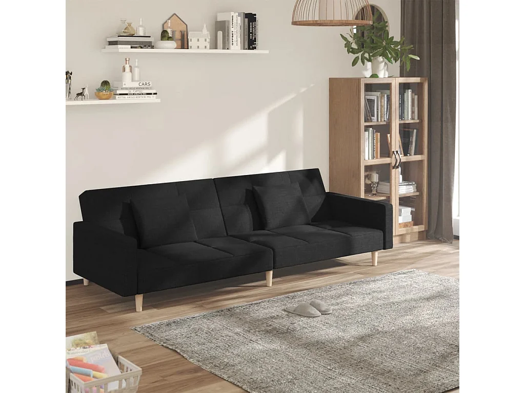 Sofá cama de 2 plazas con dos almohadas de tela negra
