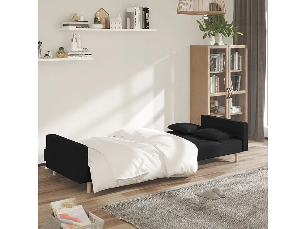 Sofá cama de 2 plazas con dos almohadas de tela negra
