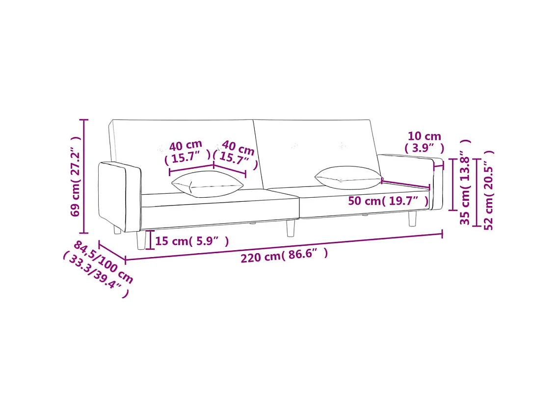 2-zits slaapbank met twee zwarte stoffen kussens
