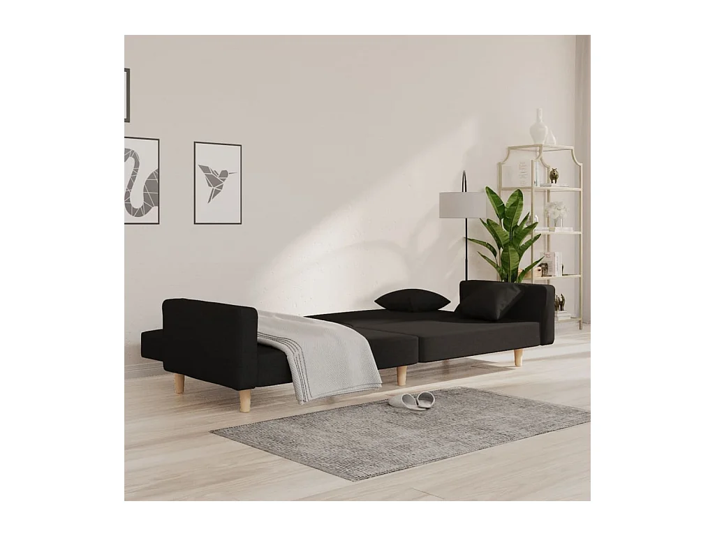 2-zits slaapbank met twee zwarte stoffen kussens