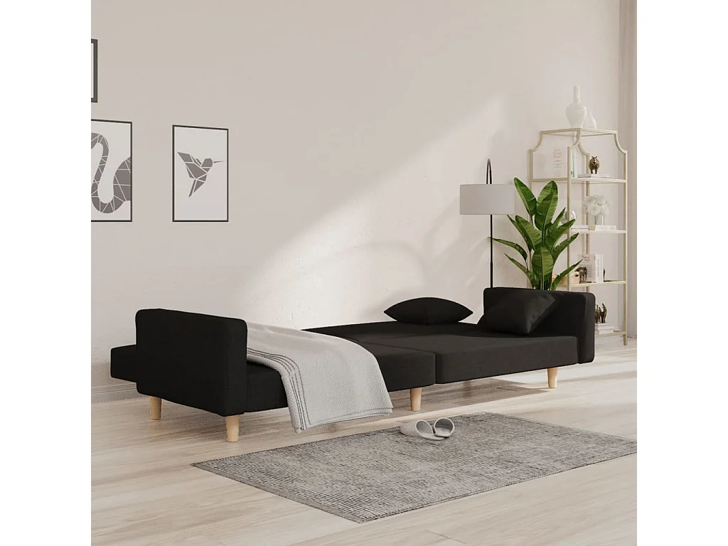 Sofá cama de 2 plazas con dos almohadas de tela negra