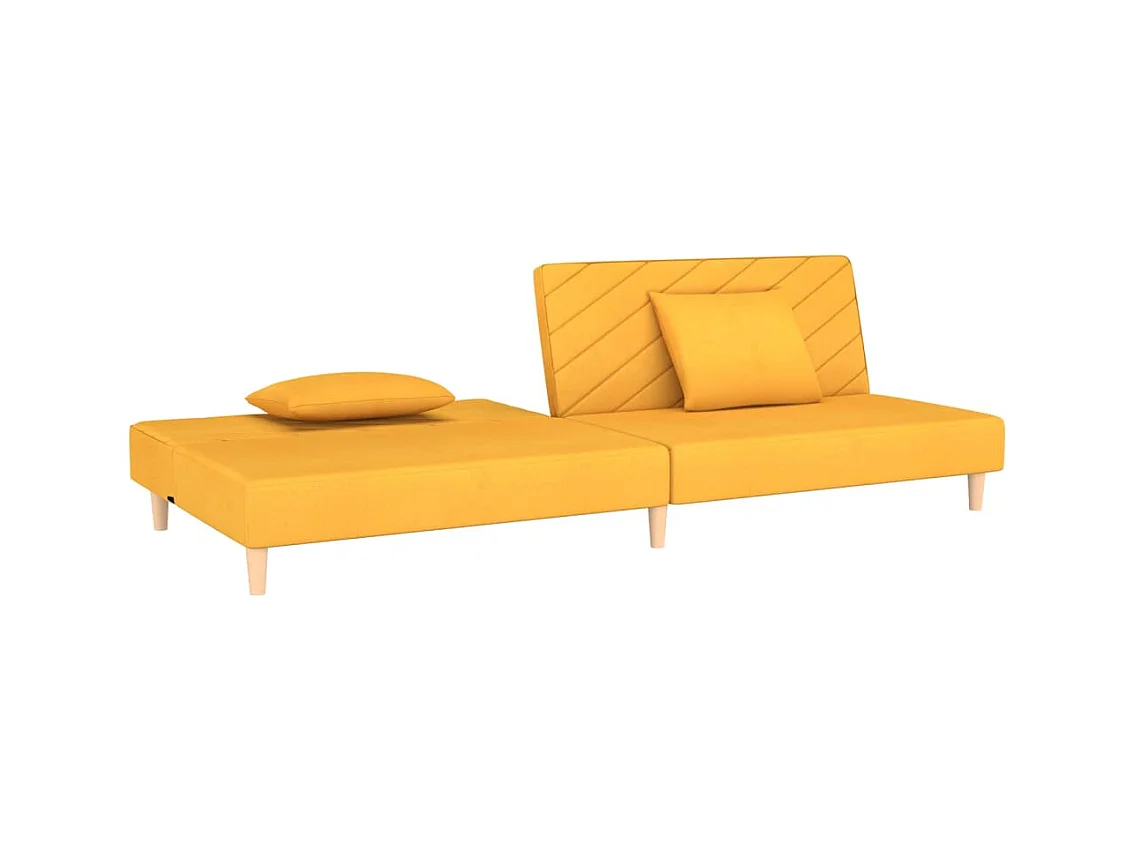 Sofá cama de 2 plazas con dos almohadas de tela amarilla