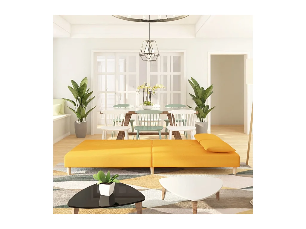 2-zits slaapbank met twee gele stoffen kussens