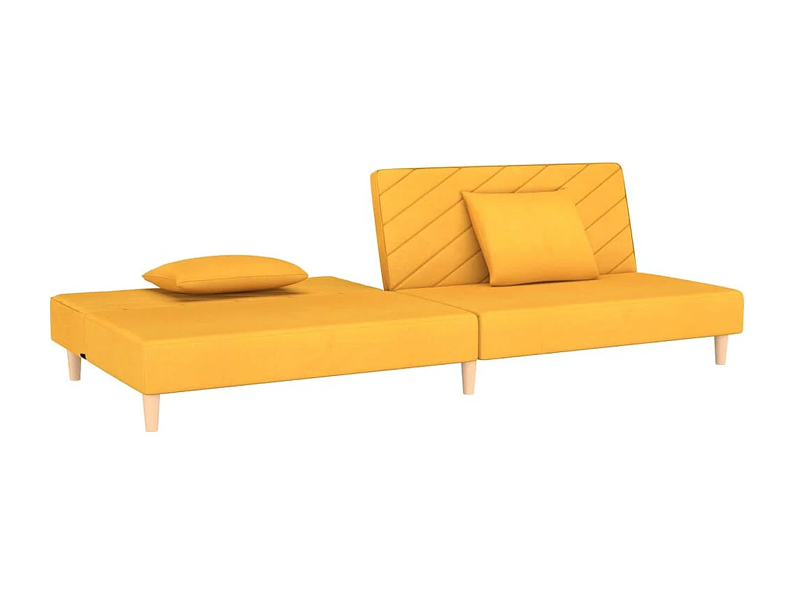 Sofá cama de 2 plazas con dos almohadas de tela amarilla