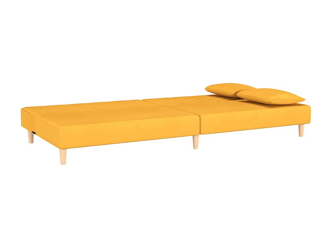 Sofá cama de 2 plazas con dos almohadas de tela amarilla