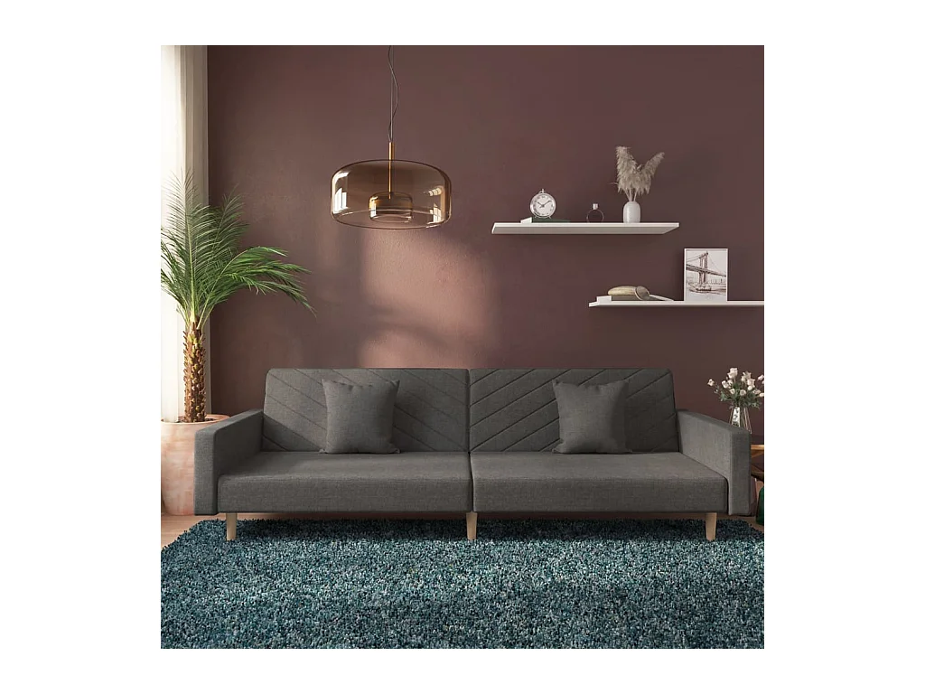 Sofá cama de 2 plazas con dos almohadas en tela gris oscuro