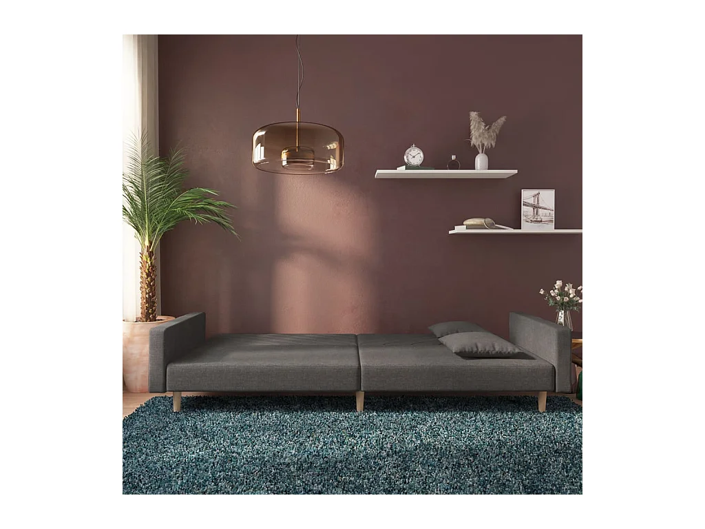 Sofá cama de 2 plazas con dos almohadas en tela gris oscuro