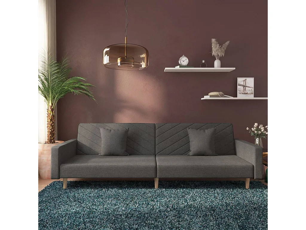 Sofá cama de 2 plazas con dos almohadas en tela gris oscuro