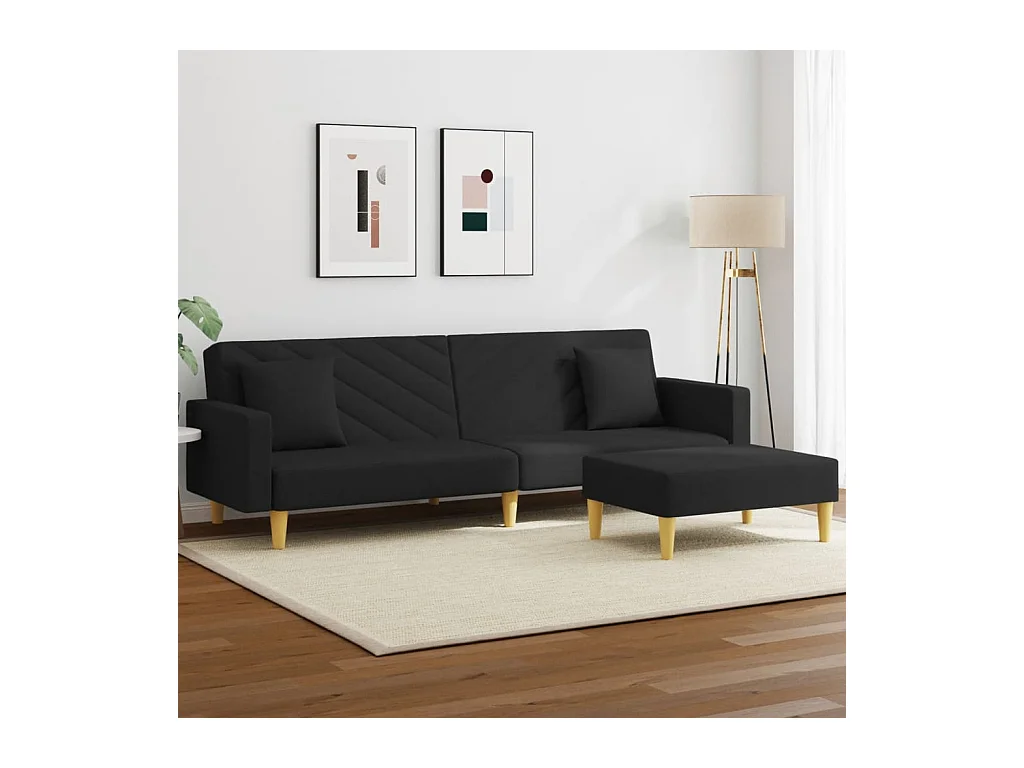 2-zits slaapbank met kussens en voetenbank in zwarte stof