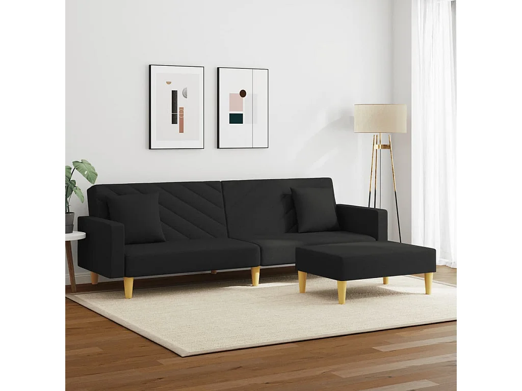Sofá cama de 2 plazas con almohadas y reposapiés en tela negra